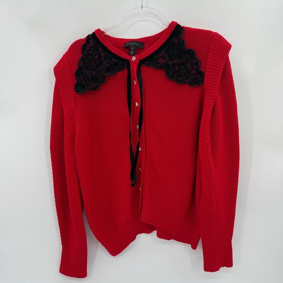 H HALSTON Womens Lace Yoke Wool Blend Cardigan Size L Red Black Whimsygoth - Picture 1 of 8